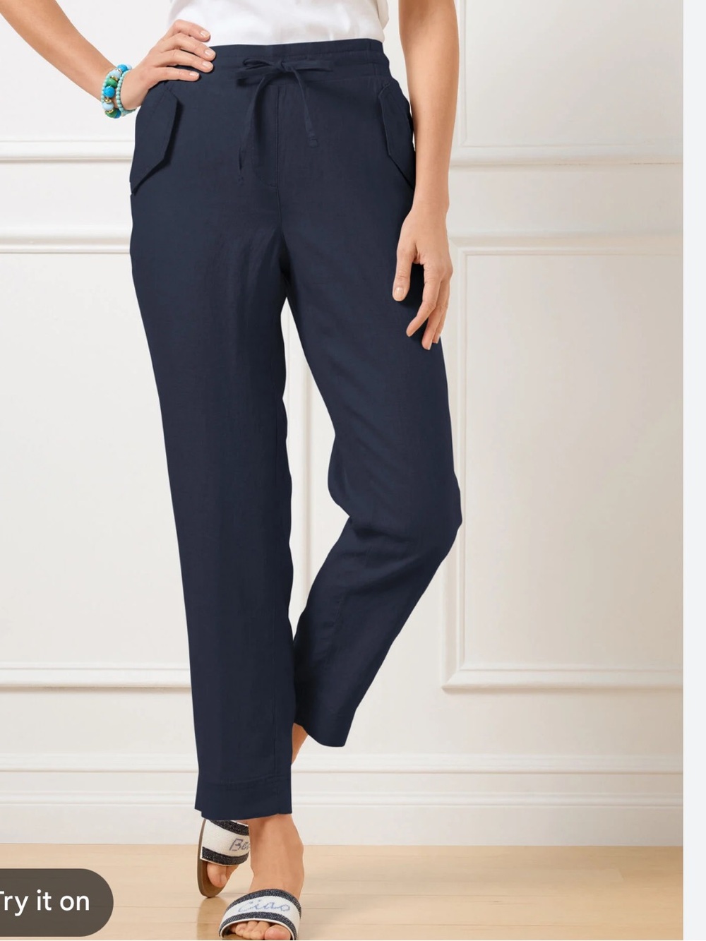 Talbots Linen Beachy Blue Pull-On Ankle Pants Navy Blue Size Medium Flap Pockets